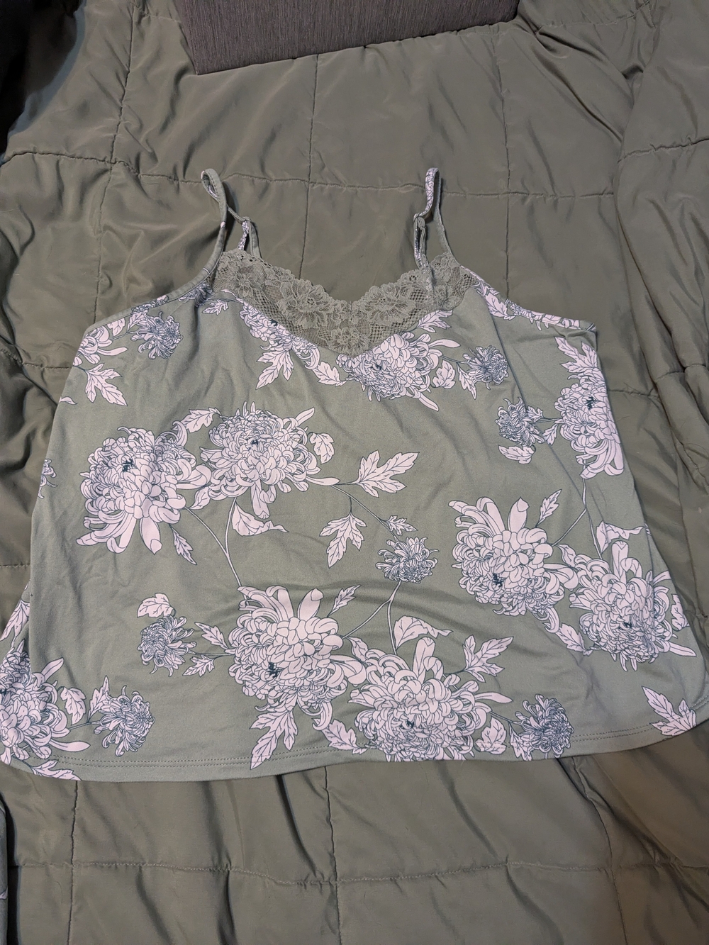 Lace-Trim Floral Cami Top - Sage Green